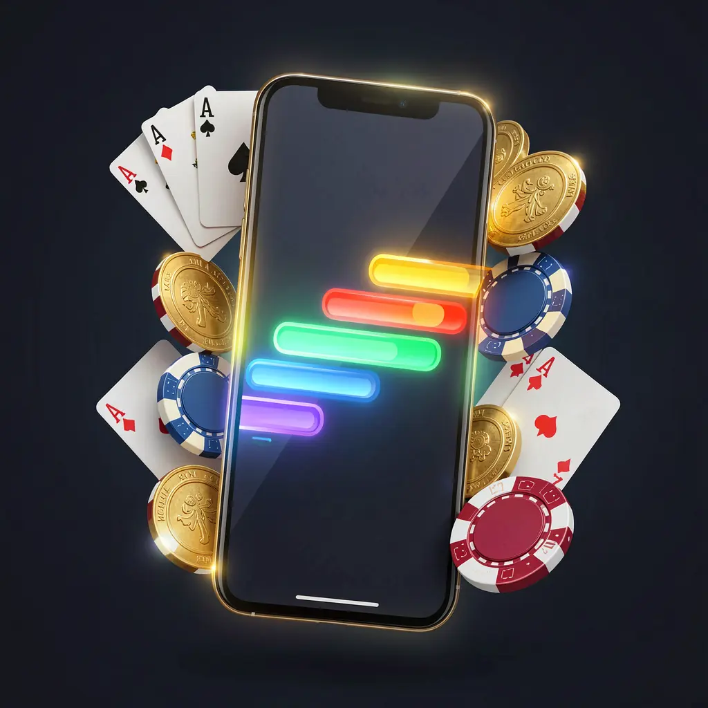 F444 casino app installation visual showing a smartphone with a glowing progress bar surrounded by coins, chips, and cards on a dark background
