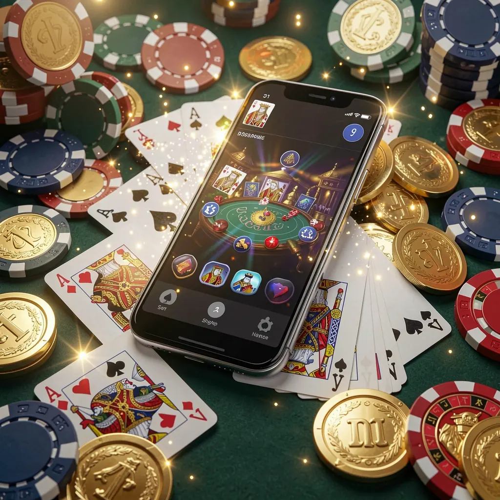 F444 mobile gaming application concept showing a smartphone surrounded by playing cards, roulette chips, gold coins, and sparkling lights in a premium casino style