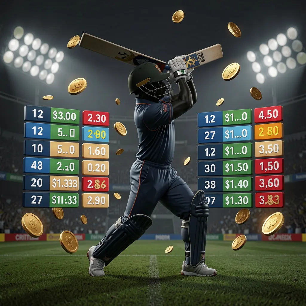 F444 live cricket odds visual featuring a cricket player silhouette batting under stadium lights with floating odds graphics and golden coins on a premium dark sports background F444 live cricket odds visual featuring a cricket player silhouette batting under stadium lights with floating odds graphics and golden coins on a premium dark sports background
