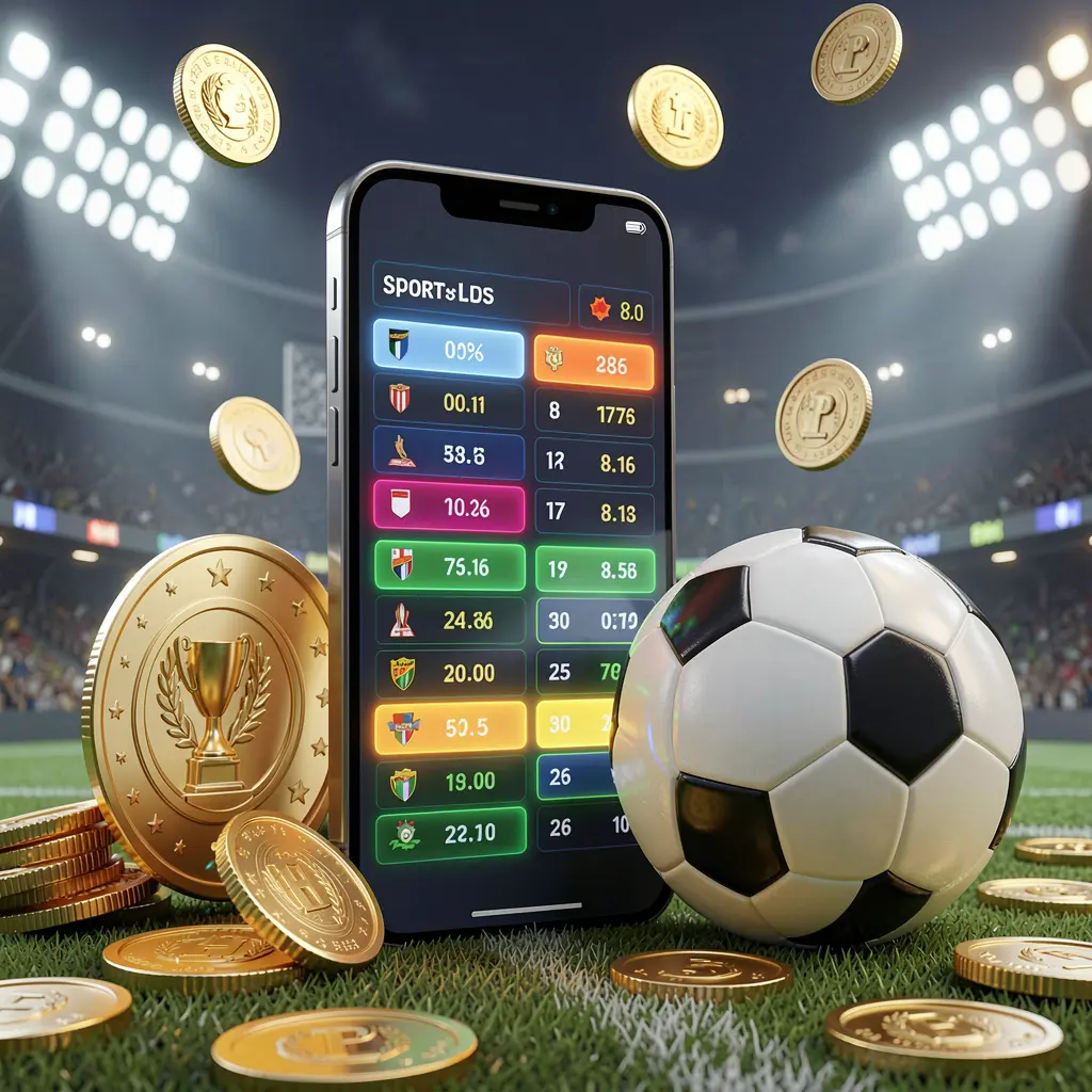 F444 modern football betting visual with smartphone displaying glowing sports odds interface, soccer ball, golden coins, and stadium lights in a premium 3D illustration F444 modern football betting visual with smartphone displaying glowing sports odds interface, soccer ball, golden coins, and stadium lights in a premium 3D illustration
