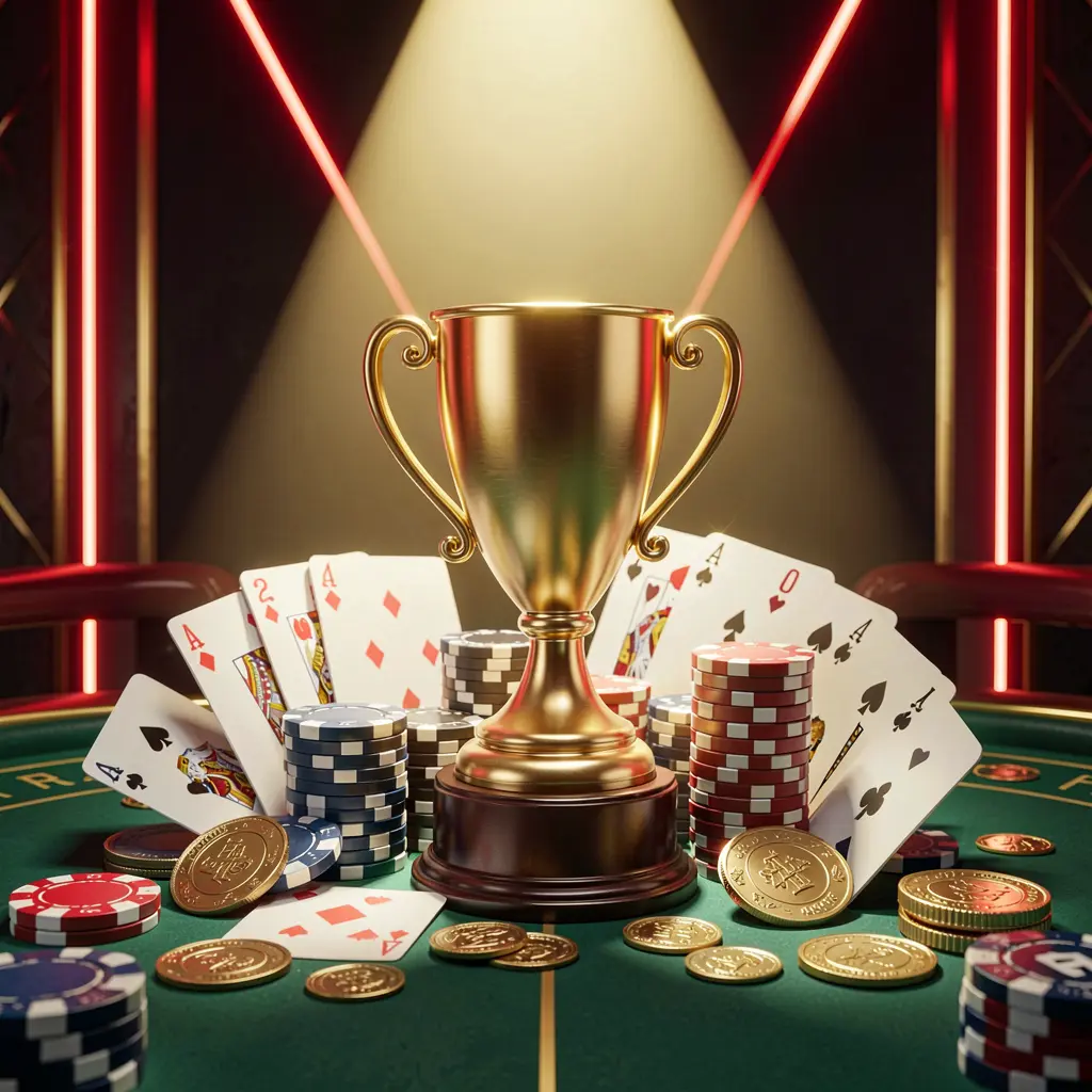 F444 casino tournament bonus concept featuring a golden trophy surrounded by poker chips, playing cards, and coins under a bright spotlight in a competitive luxury casino atmosphere with dark background and red and gold neon accents