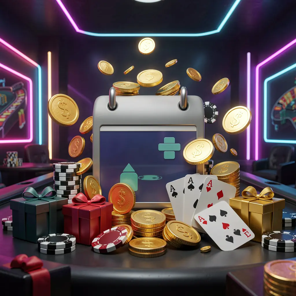 F444 weekly online casino bonus concept featuring a calendar icon surrounded by golden coins, gift boxes, poker chips, and playing cards in a festive casino atmosphere with a dark modern background and neon lights