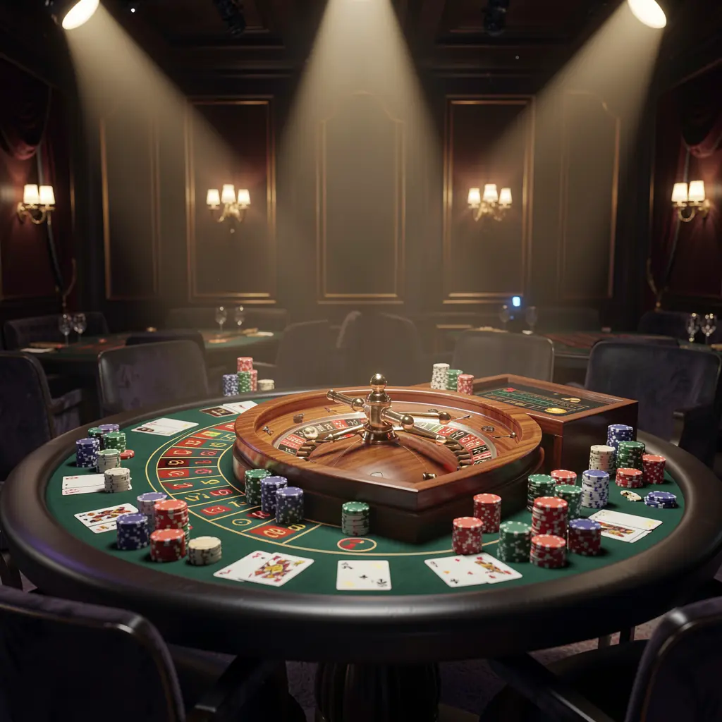 F444 live casino scene featuring a roulette table, playing cards, and chips illuminated by glowing spotlights against a dark elegant background