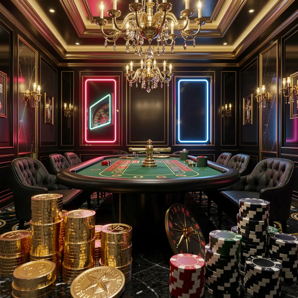 F444 online casino hero banner featuring a luxury casino hall with a roulette table, poker chips, golden coins, and glowing neon lights in a premium black and gold atmosphere