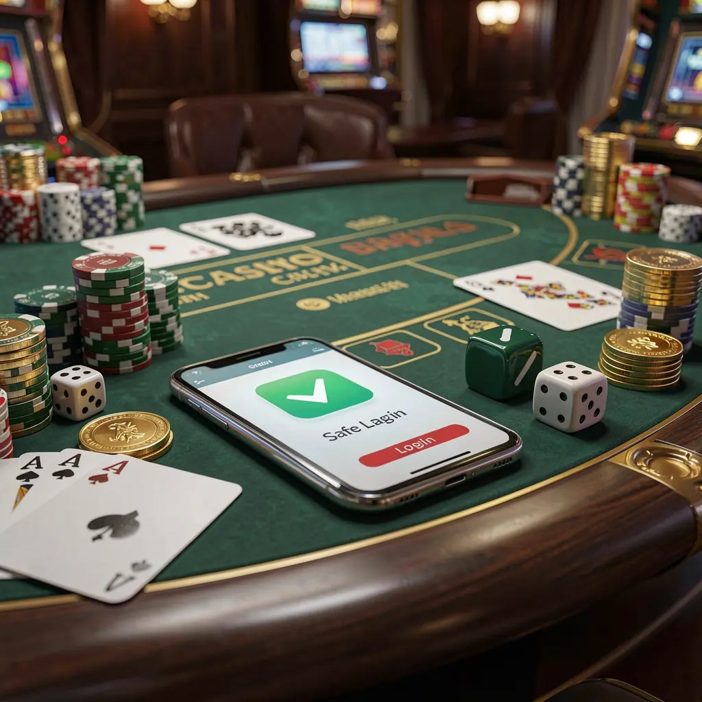 F444 safe casino login concept showing a smartphone with a verification checkmark icon surrounded by chips, cards, dice, and golden coins on an elegant luxury casino table in a 3D realistic render F444 safe casino login concept showing a smartphone with a verification checkmark icon surrounded by chips, cards, dice, and golden coins on an elegant luxury casino table in a 3D realistic render