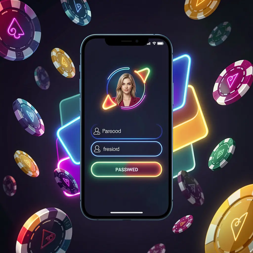 F444 mobile casino login screen with abstract UI shapes for user profile and password fields, neon glow, flying chips and coins, set in a dark premium casino atmosphere F444 mobile casino login screen with abstract UI shapes for user profile and password fields, neon glow, flying chips and coins, set in a dark premium casino atmosphere