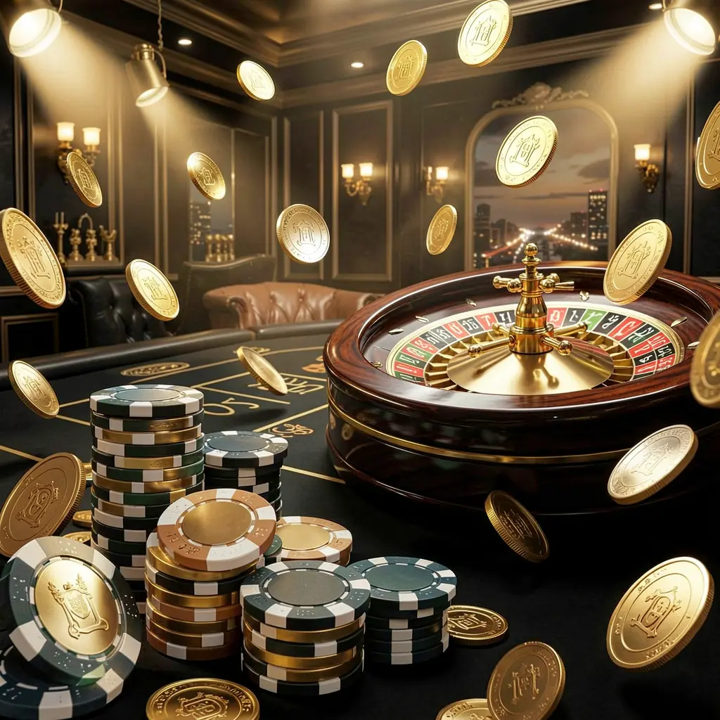 F444 online casino main page background featuring dramatic casino lights, golden coins flying, stacked poker chips in the foreground, and a roulette wheel behind in a luxury black and gold atmosphere F444 online casino main page background featuring dramatic casino lights, golden coins flying, stacked poker chips in the foreground, and a roulette wheel behind in a luxury black and gold atmosphere