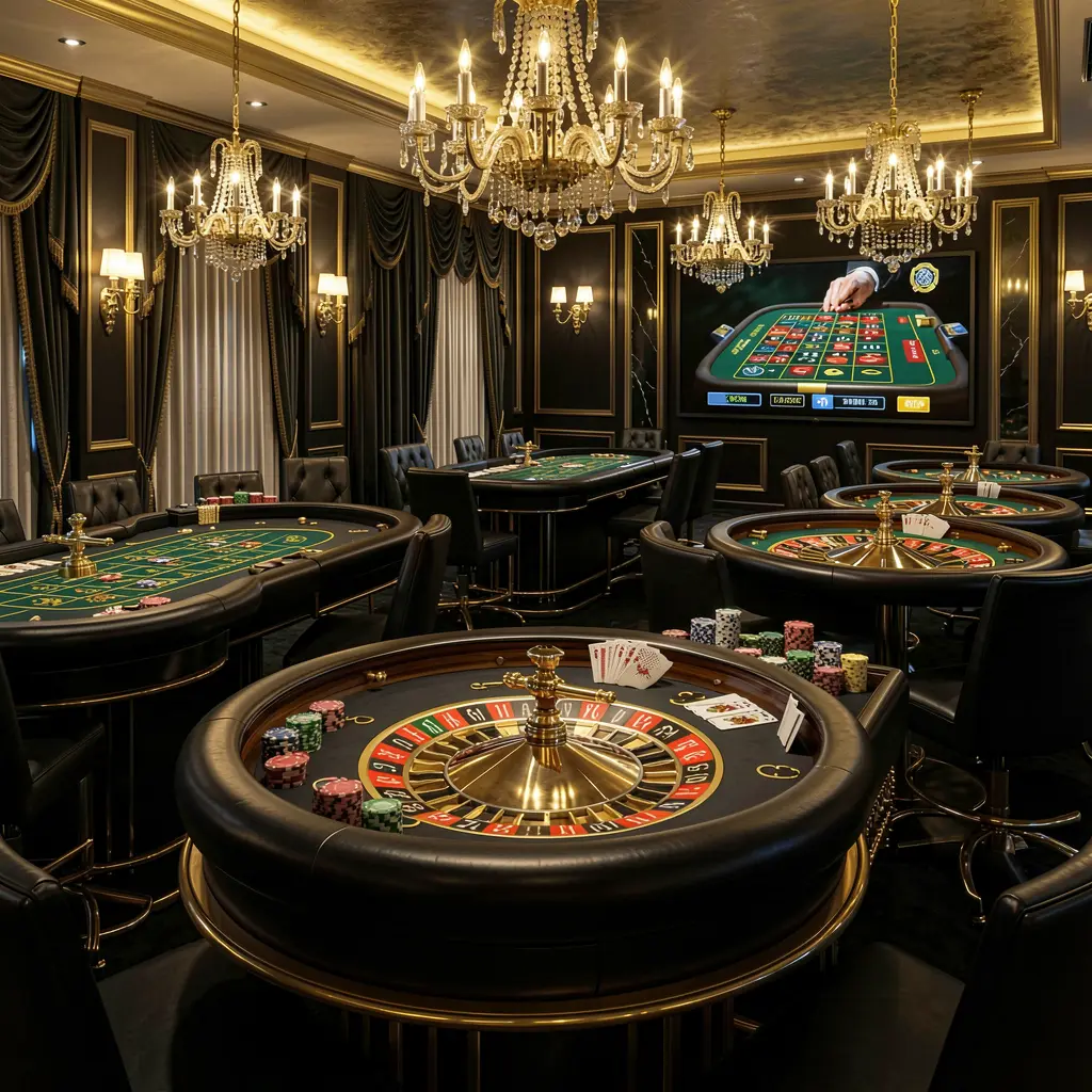 F444 luxury online casino lobby with glowing roulette tables, golden lights, poker chips and cards in a premium black and gold design F444 luxury online casino lobby with glowing roulette tables, golden lights, poker chips and cards in a premium black and gold design